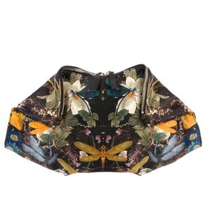 Auth Alexander McQueen Silk Dragonfly Print De Manta Clutch Multicolor Black